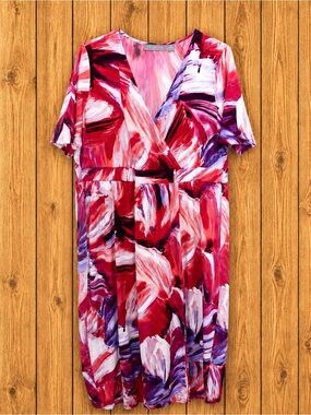 Plus Size 1X Faux Wrap Maxi Dress Abstract Floral Pink Purple Red Wedding Guest
